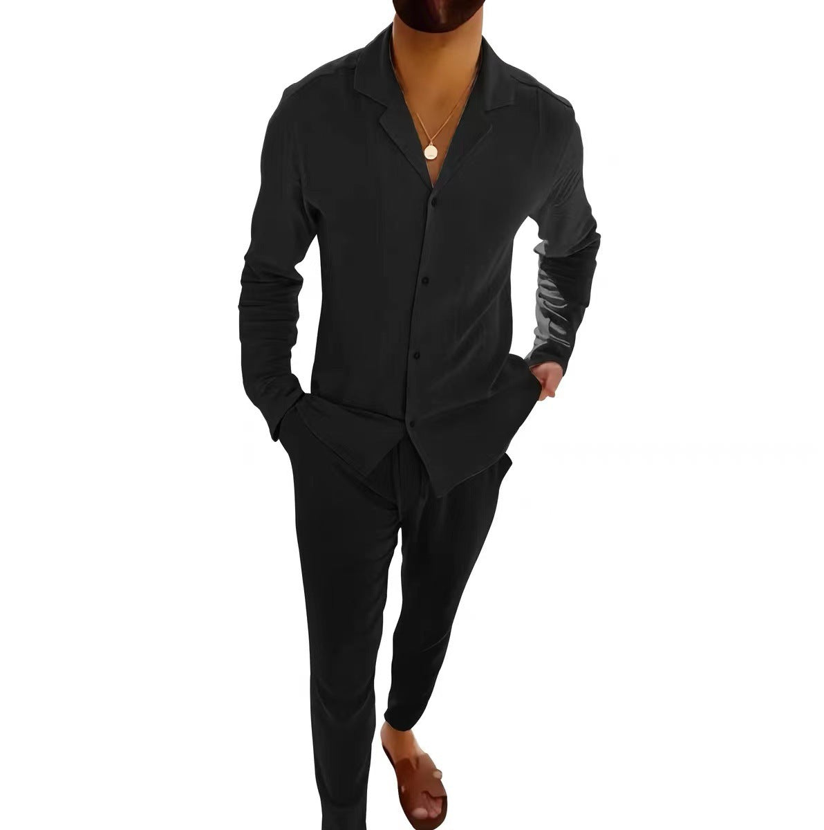 Mens Fashion Casual Long-sleeved Suits Fashion Lapel Single-breasted Shirt Top And Slim-fit Trousers Men Clothing