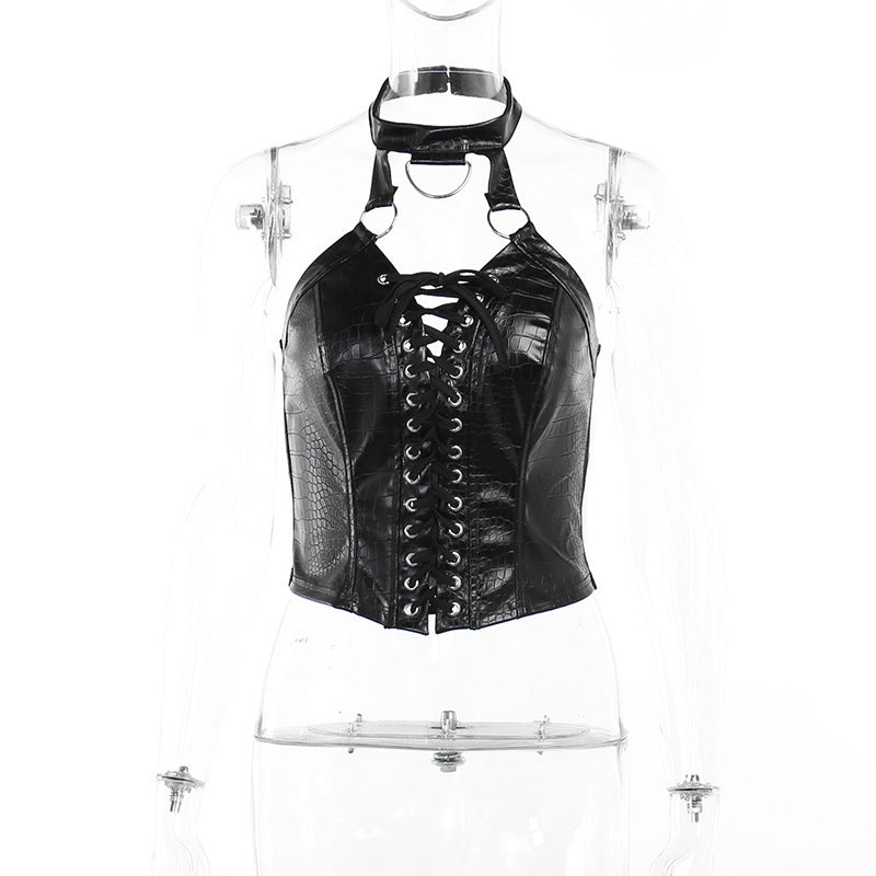 Devil Fashion Halter Top Sexy Lace-up Vest Pu Leather Dark Style