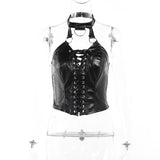 Devil Fashion Halter Top Sexy Lace-up Vest Pu Leather Dark Style