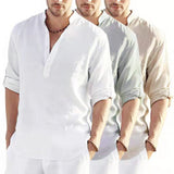 Men's Casual Baggy Cotton Linen Solid Long Sleeve Pocket Stand Collar Shirts Top