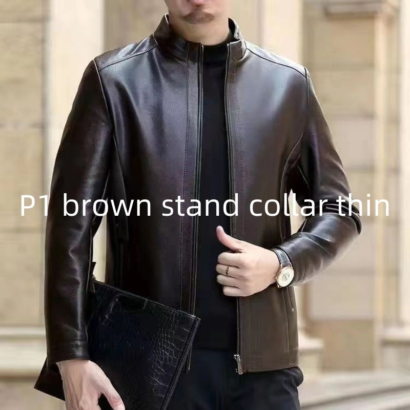 Mens Leather Jacket Stand Collar Men Fleece-lined