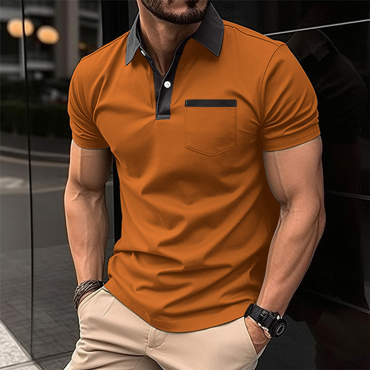 Mens Polo Shirt Lapel Fashion Slim Pocket Short-sleeved Oxford Tshirt