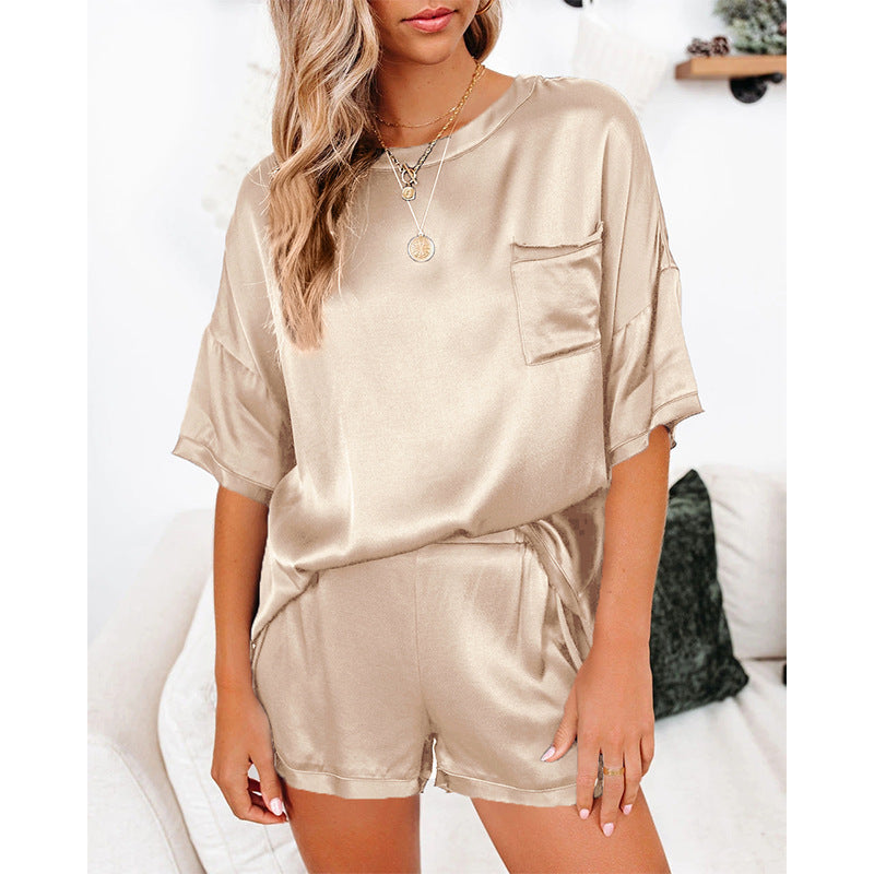 Women's Short Sleeve Silk Pajamas Set Print Satin Sleepwear Homewear Nightwear