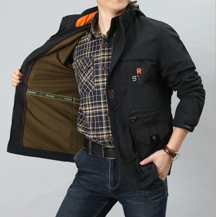 Mens Jacket Autumn Outdoor Breathable Windbreaker Men's Hooded Bomber Casual