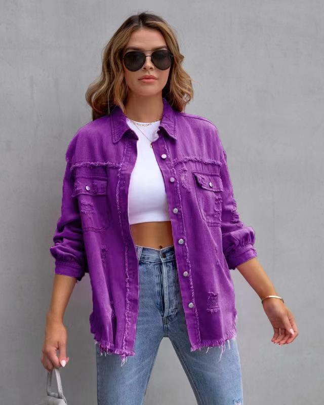 Distressed denim shirt oversized jacket frayed hem ripped shacket neon colours