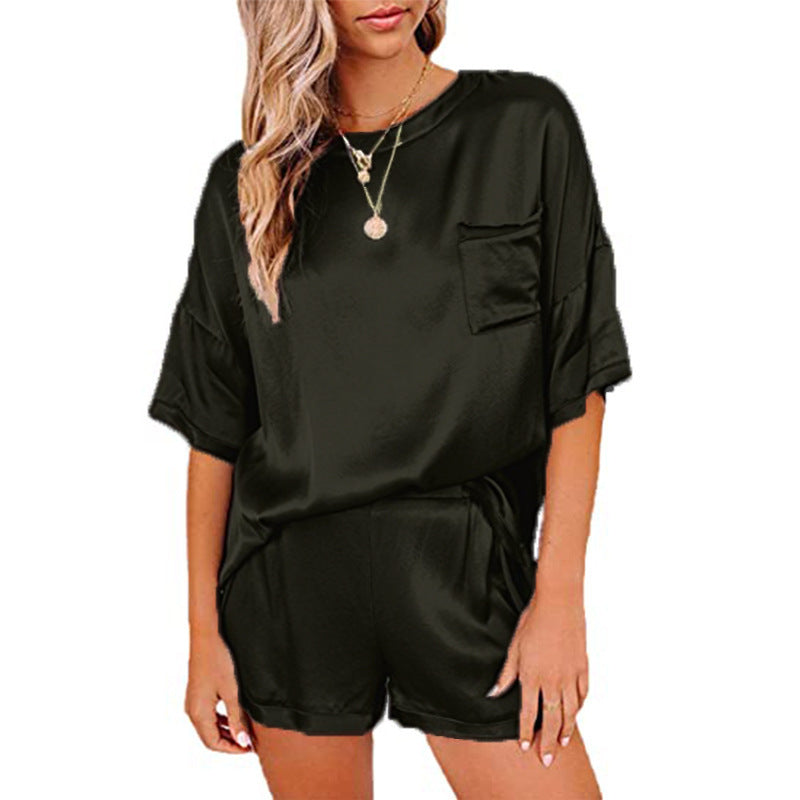 Women's Short Sleeve Silk Pajamas Set Print Satin Sleepwear Homewear Nightwear
