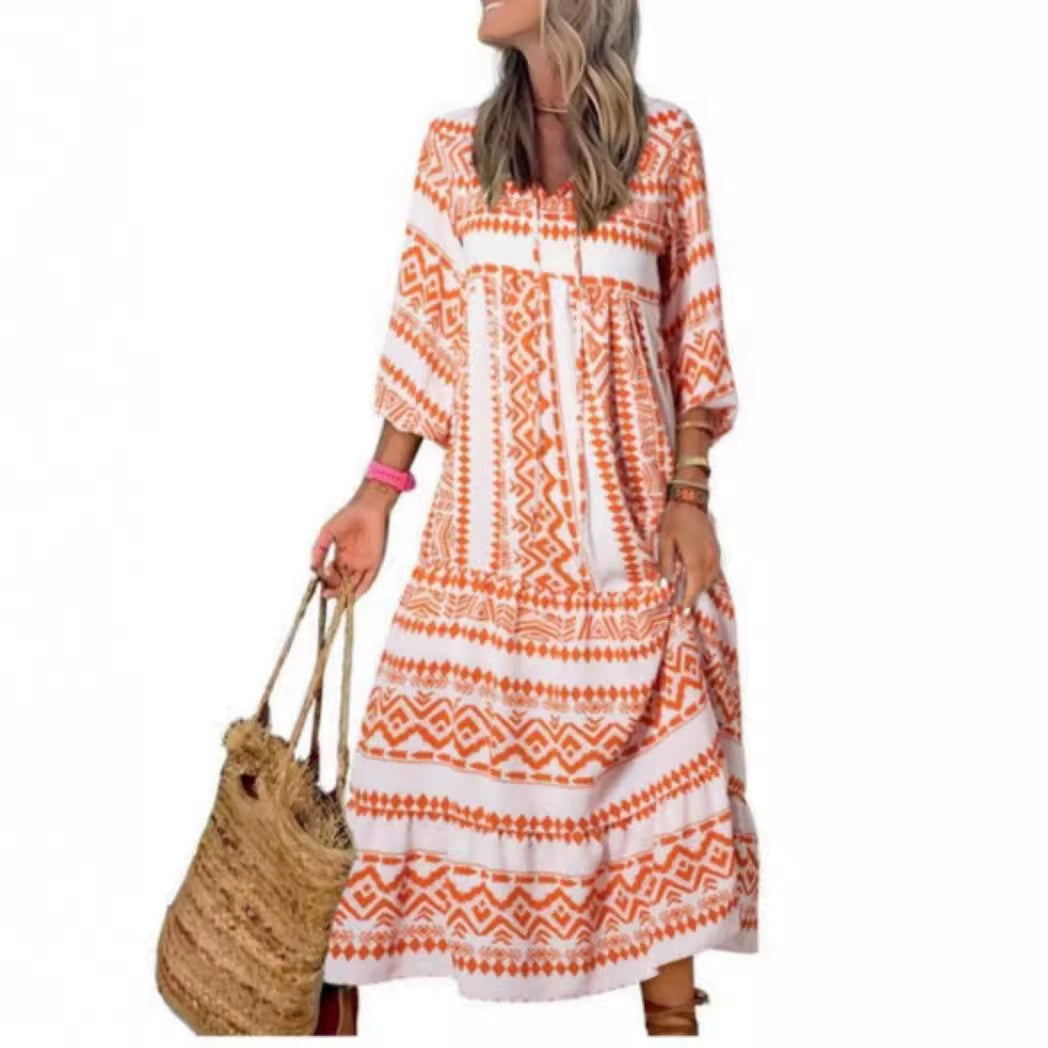 Women Summer Short Sleeve V Neck Casual Loose Beach Dress Ladies Long  Dresses