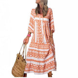 Women Summer Short Sleeve V Neck Casual Loose Beach Dress Ladies Long  Dresses