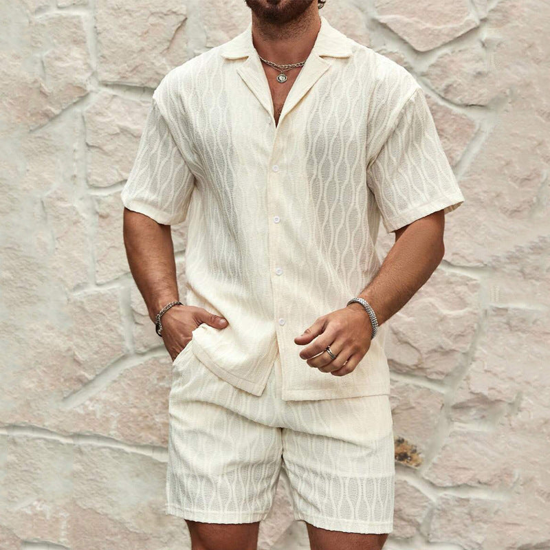 Men Summer Fashion Solid Loose Casual Two Pieces Lapel Button Shirt Shorts Beach Holiday