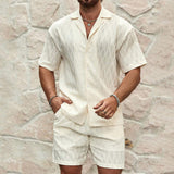Men Summer Fashion Solid Loose Casual Two Pieces Lapel Button Shirt Shorts Beach Holiday