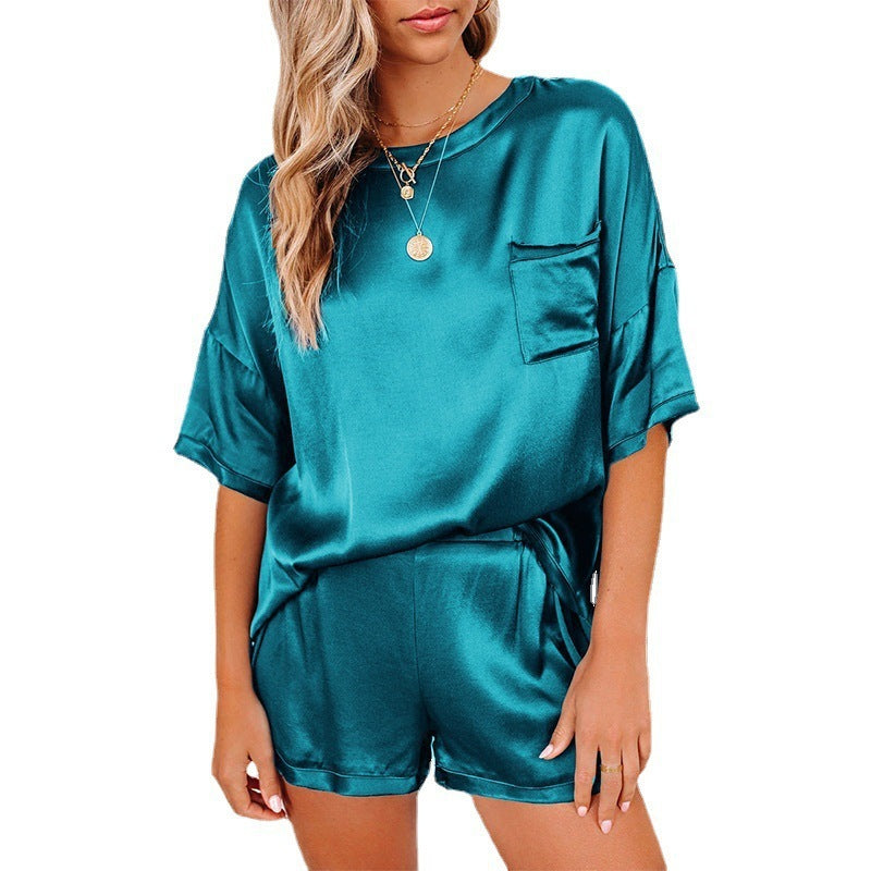 Women's Short Sleeve Silk Pajamas Set Print Satin Sleepwear Homewear Nightwear