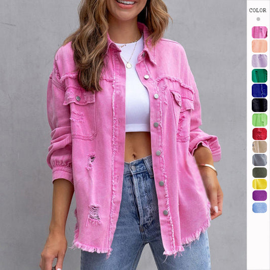 Distressed denim shirt oversized jacket frayed hem ripped shacket neon colours