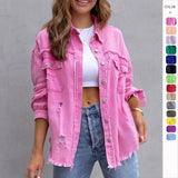 Distressed denim shirt oversized jacket frayed hem ripped shacket neon colours