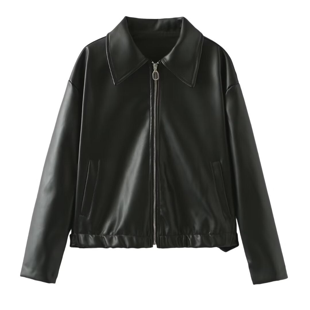 Womens faux Leather Jackets Solid Color Lapel Zipper Long Sleeve Leather Coat
