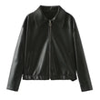 Womens faux Leather Jackets Solid Color Lapel Zipper Long Sleeve Leather Coat