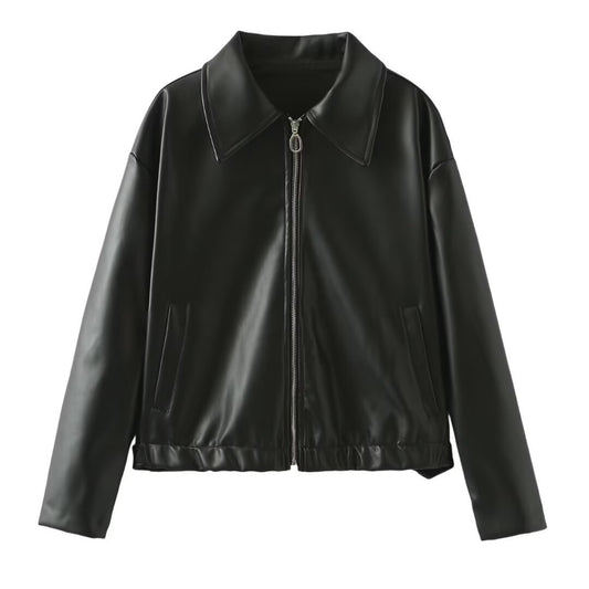Womens faux Leather Jackets Solid Color Lapel Zipper Long Sleeve Leather Coat