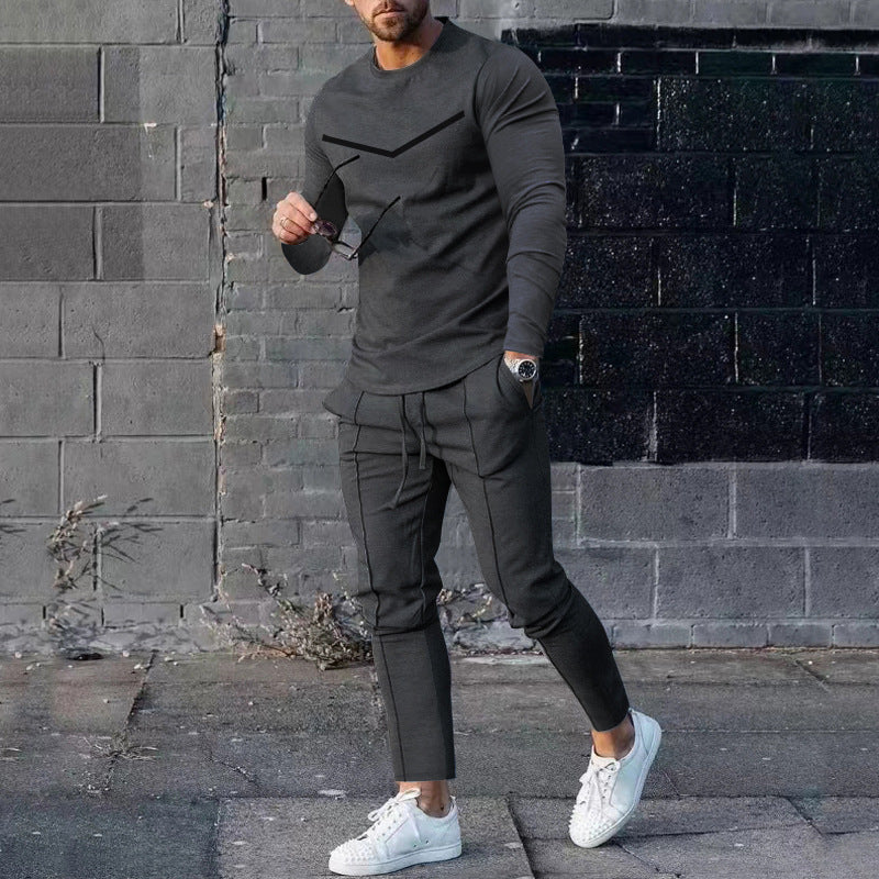 Mens Sweatsuit Round Neck Long Sleeve T-shirt Trousers Suit Men