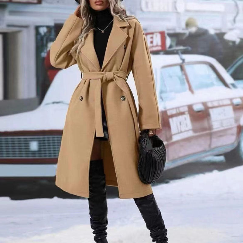 Womens British Style Double Breasted Lapel Collar Belt Trench Outwear Overcoat