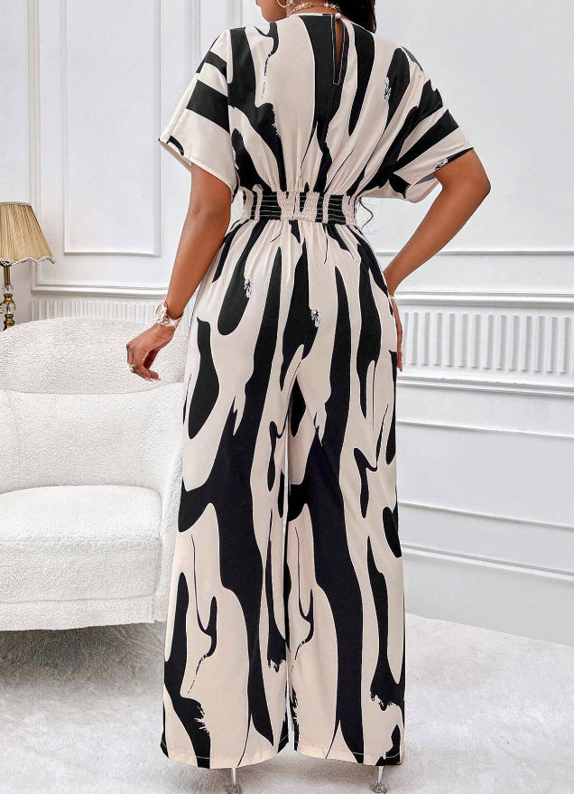 Womens Fashion V-neck Loose Printed Long Jumpsuit