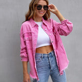 Distressed denim shirt oversized jacket frayed hem ripped shacket neon colours