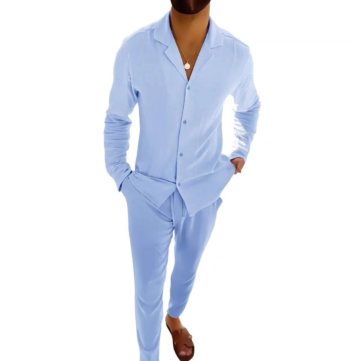Mens Fashion Casual Long-sleeved Suits Fashion Lapel Single-breasted Shirt Top And Slim-fit Trousers Men Clothing
