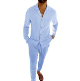 Mens Fashion Casual Long-sleeved Suits Fashion Lapel Single-breasted Shirt Top And Slim-fit Trousers Men Clothing