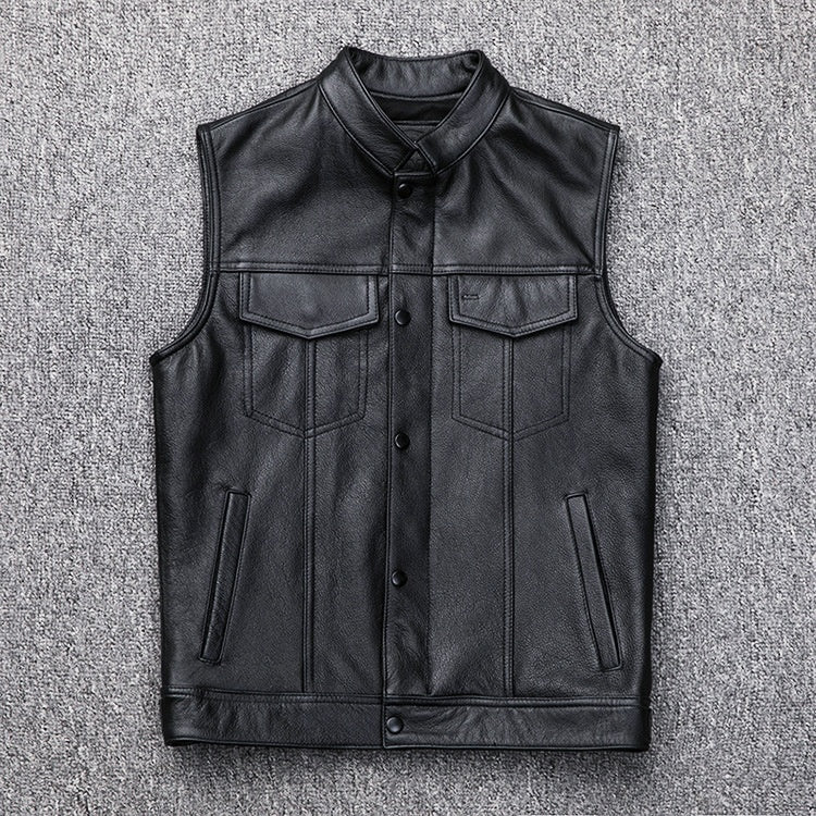 Men's Leather Waistcoat Vest Zipper Button  Motorbike Tops