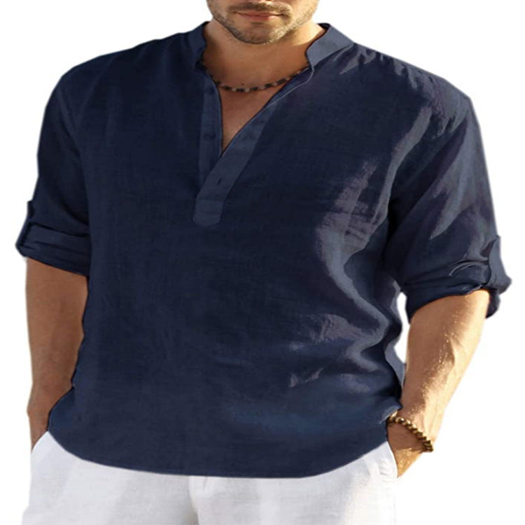 Men's Casual Baggy Cotton Linen Solid Long Sleeve Pocket Stand Collar Shirts Top