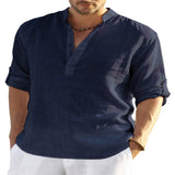 Men's Casual Baggy Cotton Linen Solid Long Sleeve Pocket Stand Collar Shirts Top