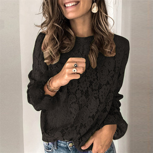 Womens  Round Neck Lace Shirt Ladies  Hollow Casual slim shirt