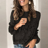Womens  Round Neck Lace Shirt Ladies  Hollow Casual slim shirt
