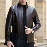 Mens Leather Jacket Stand Collar Men Fleece-lined