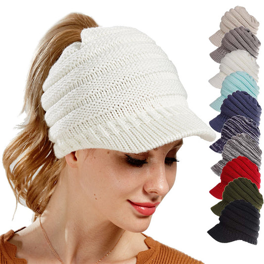 Ponytail Beanie Hat Knitted High Warm Winter Women Tail Skullies