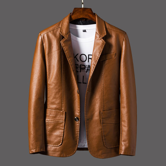 Men's Casual Notched Collar 2 Button Slim Moto Faux Leather Blazer Suit Jacket