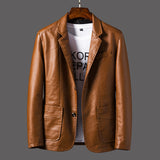 Men's Casual Notched Collar 2 Button Slim Moto Faux Leather Blazer Suit Jacket