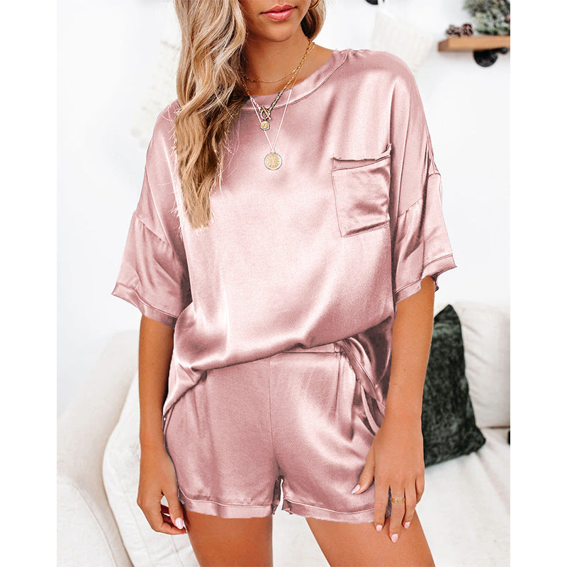 Women's Short Sleeve Silk Pajamas Set Print Satin Sleepwear Homewear Nightwear