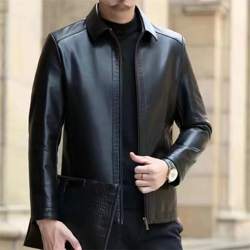 Mens Leather Jacket Stand Collar Men Fleece-lined