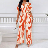 Womens Fashion V-neck Loose Printed Long Jumpsuit
