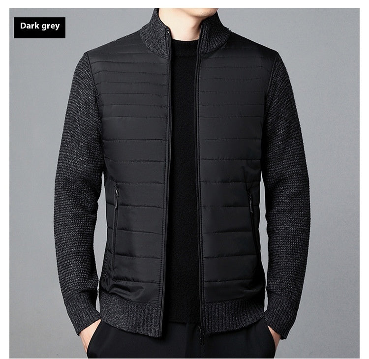 Men's Stand Collar Stitching Velvet Padded Sweater Knitwear Jacket