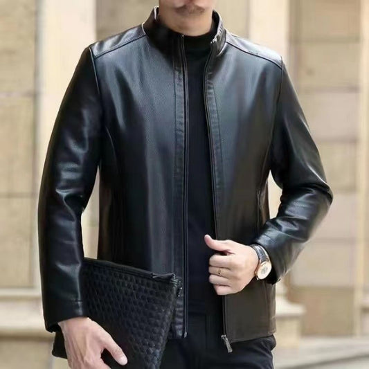 Mens Leather Jacket Stand Collar Men Fleece-lined