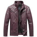 Mens Bomber Faux Leather Jacket Stand Collar Fleece Lined