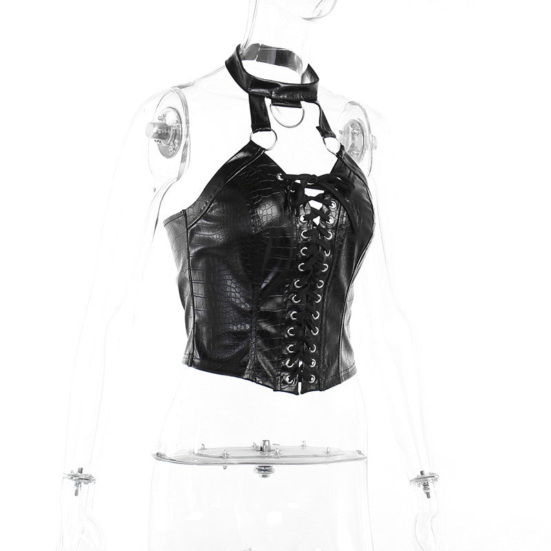 Devil Fashion Halter Top Sexy Lace-up Vest Pu Leather Dark Style