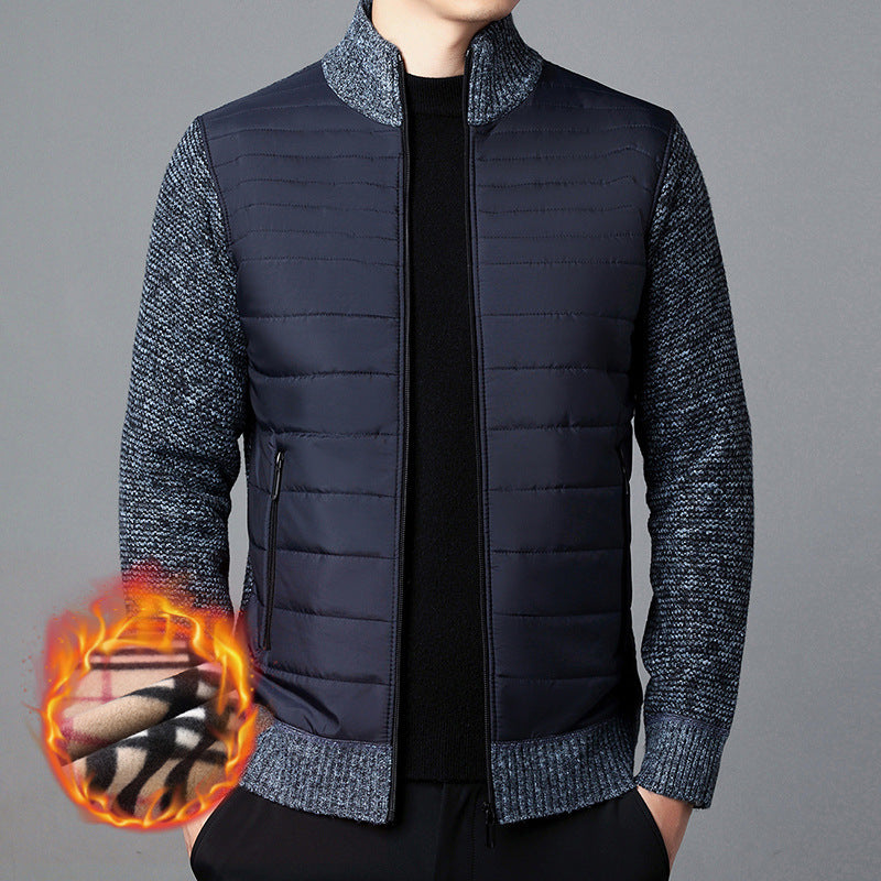 Men's Stand Collar Stitching Velvet Padded Sweater Knitwear Jacket