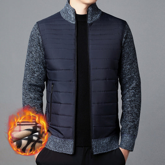 Men's Stand Collar Stitching Velvet Padded Sweater Knitwear Jacket