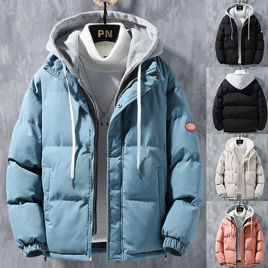Men Winter Windproof Thickened Fake Two-piece Coat Solid Leisure Sports Cotton Jacket