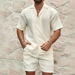 Men Summer Fashion Solid Loose Casual Two Pieces Lapel Button Shirt Shorts Beach Holiday