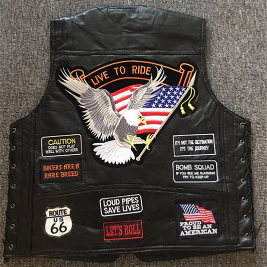 Motorcycle Leather Biker Vest for Men Club Style Classic Black With Patches