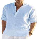 Men's Casual Baggy Cotton Linen Solid Long Sleeve Pocket Stand Collar Shirts Top