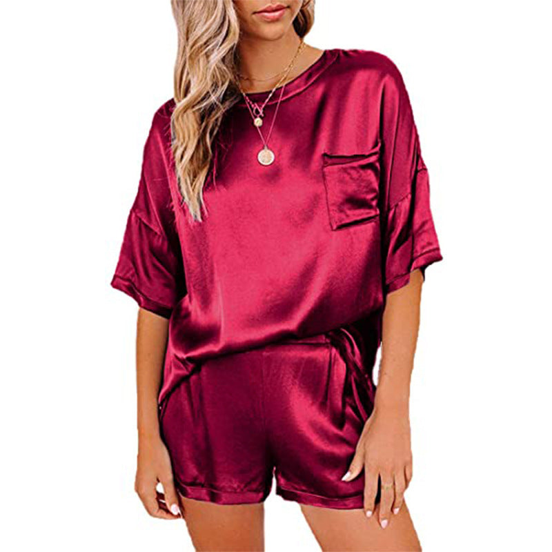 Women's Short Sleeve Silk Pajamas Set Print Satin Sleepwear Homewear Nightwear