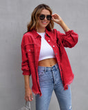 Distressed denim shirt oversized jacket frayed hem ripped shacket neon colours